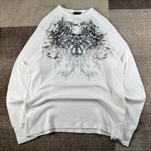 Y2K Miami Ink Mens White Skull Graphic Thermal Waffle Knit Shirt 2XL